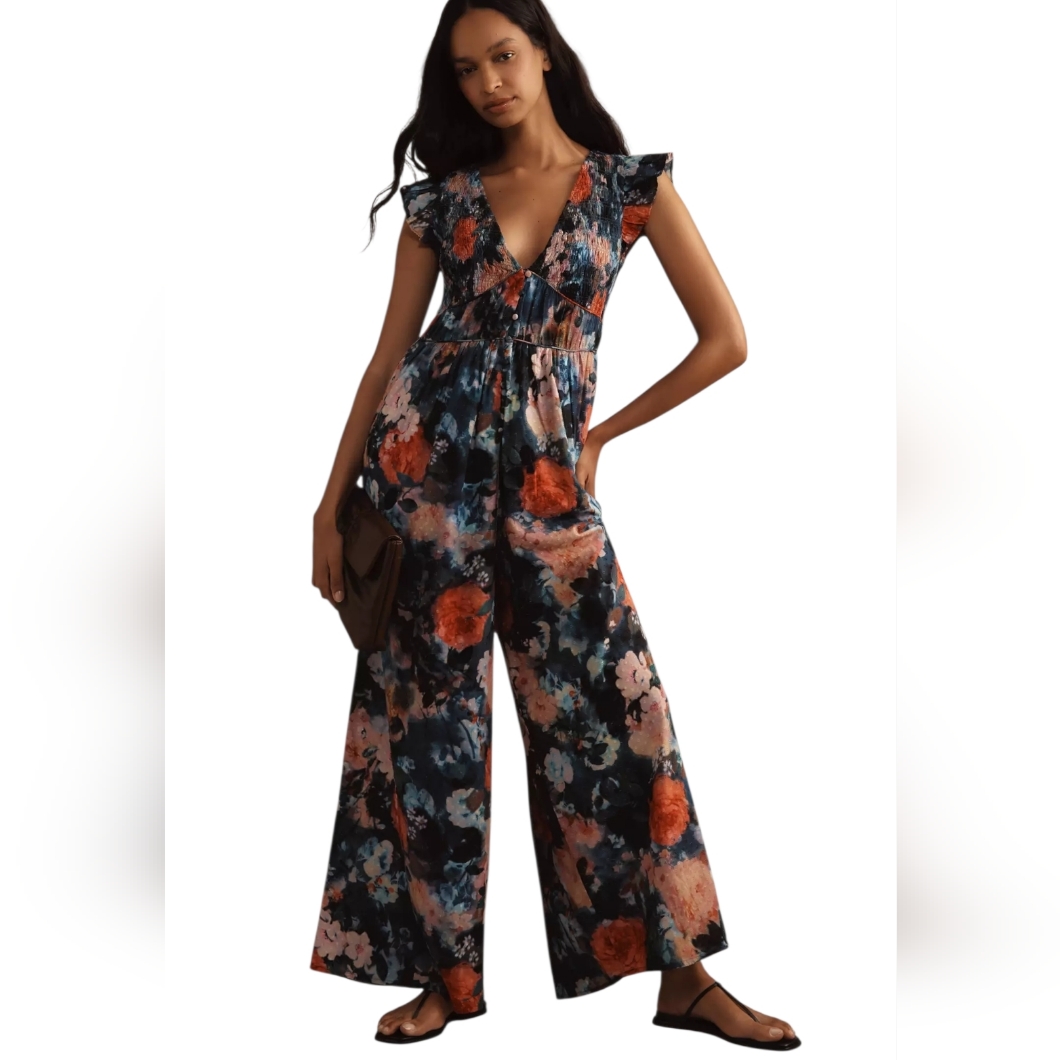 By Anthropologie Peregrine Printed Eyelet Wide Leg Jumpsuit - L. D36
